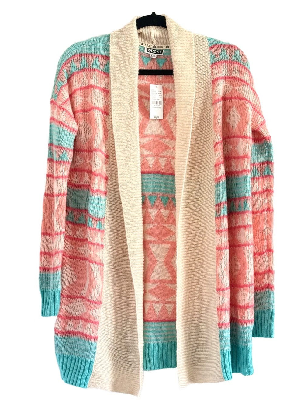Roxy Cream, Coral & Teal Open-Front Aztec Knit Cardigan Medium